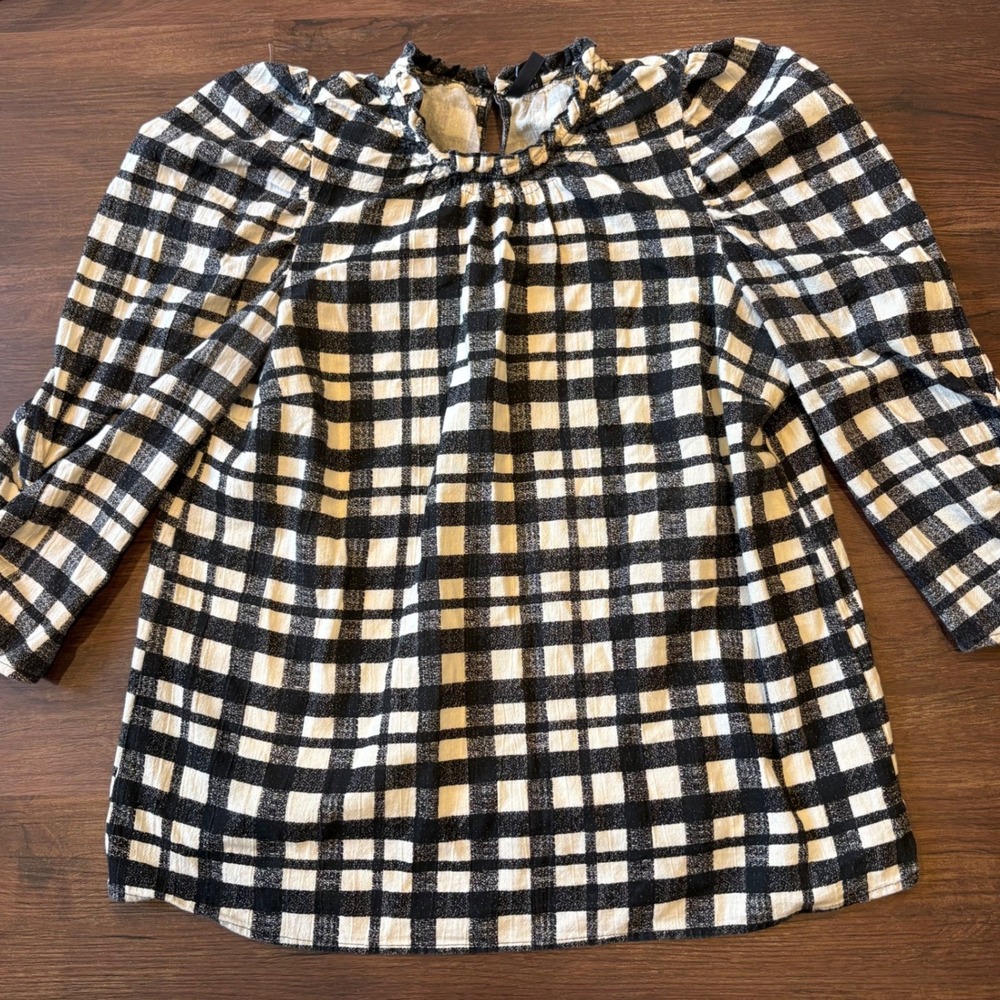 Grandmacore Black White Gingham Puff Sleeve Blouse Checkered Mock Neck M Cottage